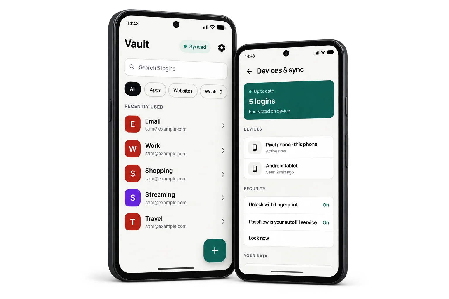 Dois aparelhos Android com o cofre e a tela de sincronização do PassFlow